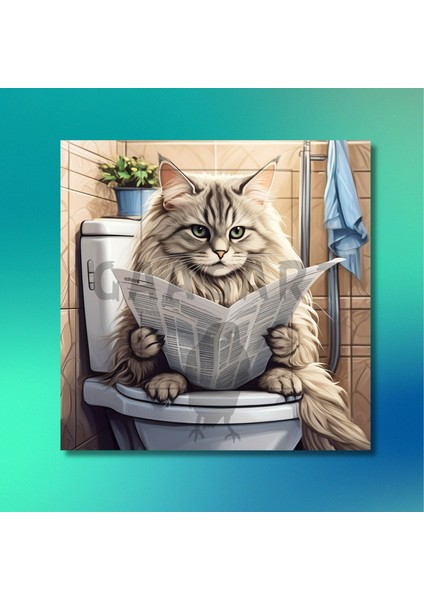 Tekli Kare Kanvas Banyo Tablosu Gazete Okuyan Gri Chinchilla Kedi modelleri