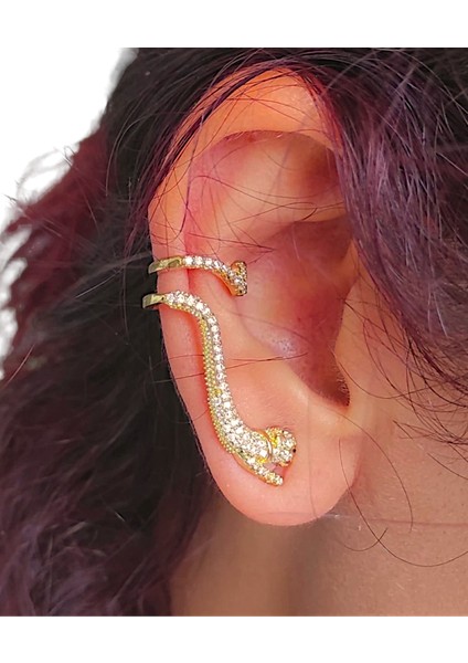 Earcuff Çelik Zirkon Taşlı Kaplan Model Gold Renk Kıkırdak Küpe