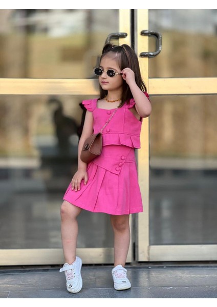 Kız Çocuk Pembe Gabardin Kumaş Çantalı Takım