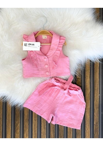 Arbi Kids Kız Çocuk Pembe Müslin Kumaş Şortlu Yazlık Takım