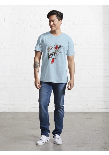 Pusula Baskılı Bisiklet Yaka T-Shirt