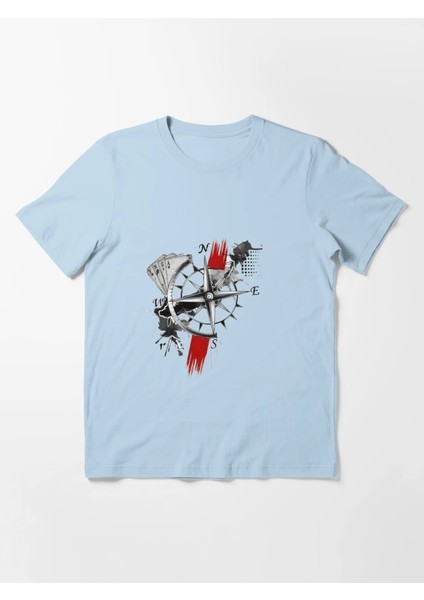 Pusula Baskılı Bisiklet Yaka T-Shirt
