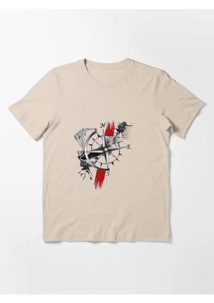 Pusula Baskılı Bisiklet Yaka T-Shirt