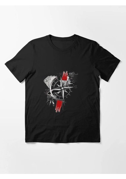 Pusula Baskılı Bisiklet Yaka T-Shirt