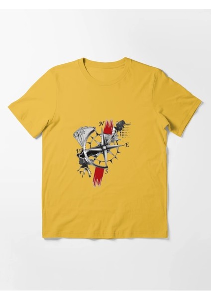 Pusula Baskılı Bisiklet Yaka T-Shirt