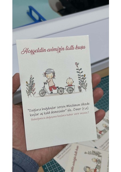 Butik Sosyetik Hoşgeldin Evimizin Tatlı Kuşu Yazılı Yenidoğan Kartı 9X15 cm 49 Adet