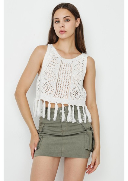 Kadın Etek Ucu Püsküllü Örgü Crop Top