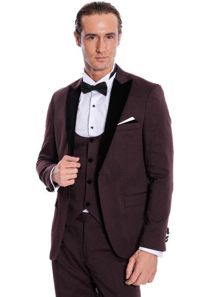 Kadife Yaka Slim Fit Bordo Erkek Damatlık - Wessi