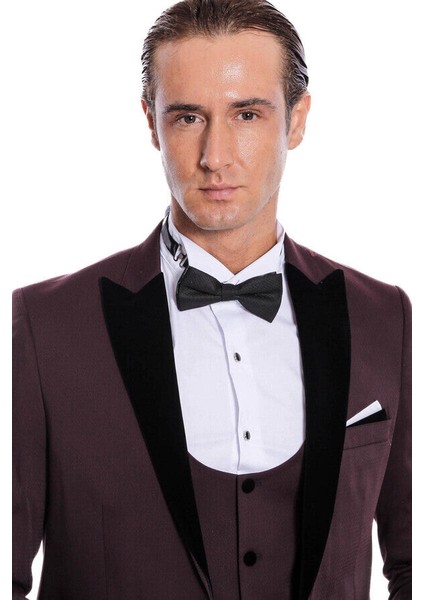Kadife Yaka Slim Fit Bordo Erkek Damatlık - Wessi modelleri
