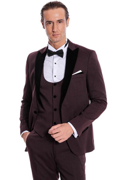 Kadife Yaka Slim Fit Bordo Erkek Damatlık - Wessi fırsatları