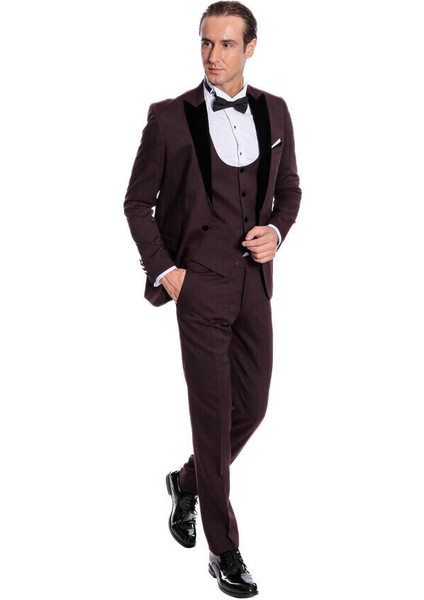 Kadife Yaka Slim Fit Bordo Erkek Damatlık - Wessi indirimleri