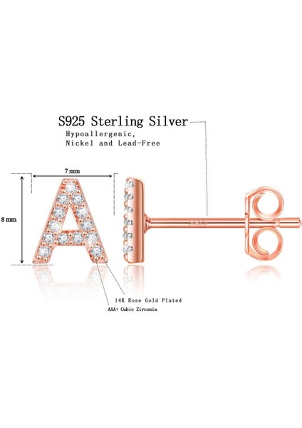 Laatikui Damızlık Küpe Kız Için 14K Gül Altın Kaplama S925 Gümüş Post Cz Alfabe Harf Damızlık Küpe (Yurt Dışından)