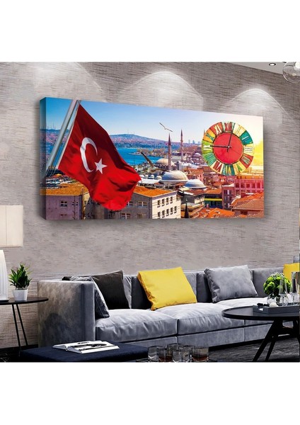 Zevahir Mobilya Dekorasyon Türk Bayrağı Saatli Ahşap Şase Dijital Baskı Kanvas Tablo 50 x 100 cm