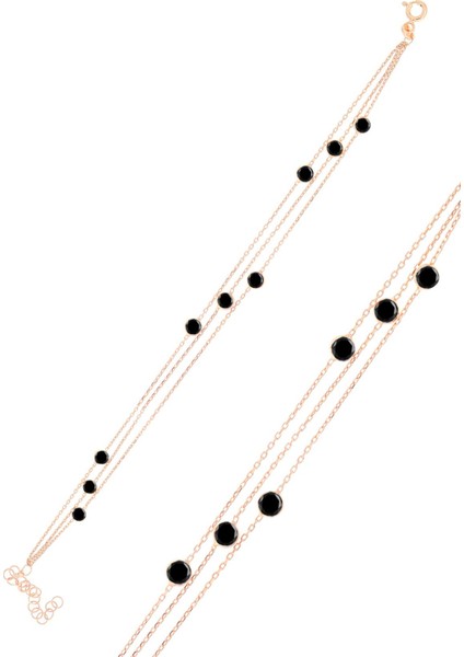 Gümüş Rose Üç Zincirli Onix Sıra Taşlı Bileklik SGTL10521ROSE