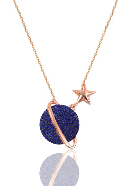 Gümüş Rose Safir Taşlı Satürn Gezegen Kolye SGTL12512LACIVERT