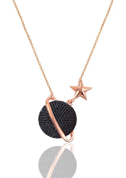 Gümüş Rose Siyah Onix Taşlı Satürn Gezegen Kolye SGTL12512SIYAH