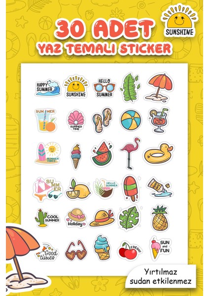 Yaz Temalı Sudan Etkilenmeyen Sticker Seti 30 Parça Tüm Yüzeylere Uygun Sticker Deniz Tatil Sticker