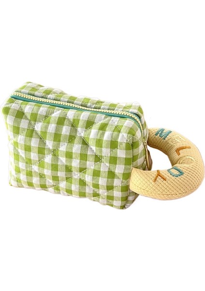 Krem Puf Kalem Çantası Ekose Kumaş Peluş Saklama Çantası Büyük Kapasiteli Kalem Çantası Sevimli Öğrenci Kırtasiye Saklama Çantası (Yurt Dışından)