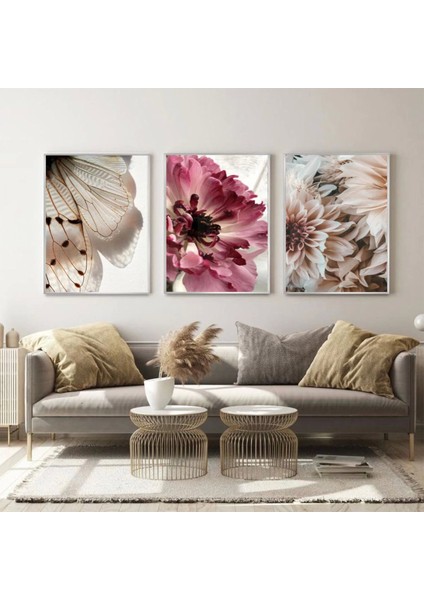 Doğanın Nazik Dokunuşu: Kelebek ve Çiçek Üçlü Metal Çerçeveli Tablo Seti /s