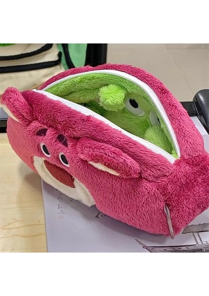 Çift Taraflı Üç Gözlü Çilekli Ayıcık Kalem Çantası ve Yüksek Görünümlü Peluş Kırtasiye Çantası (Yurt Dışından)