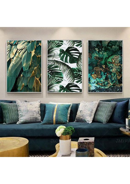 Yeşil Yapraklar Tasarım Metal Çerçeveli Tablo Seti Gümüş /s