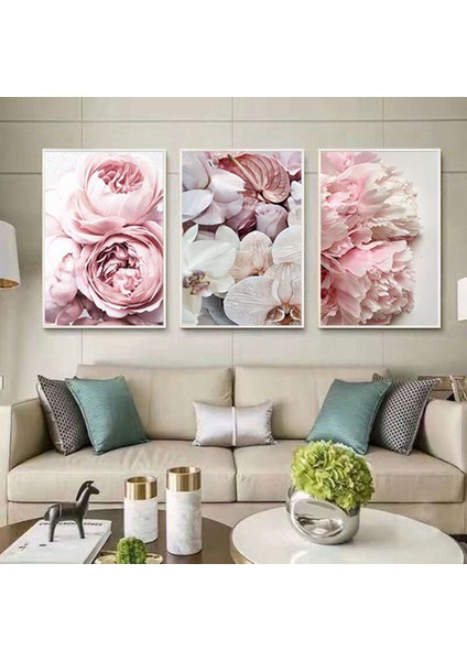 Pembe Çiçekler Desenli Metal Çerçeveli Tablo Seti Beyaz