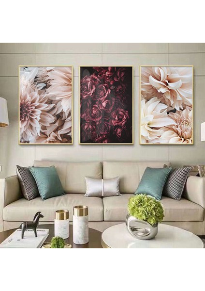 Kırmızı Çiçek Desenli Metal Çerçeveli Tablo Seti Altın