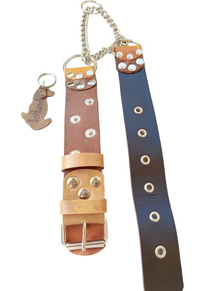 Köpek boyun tasması hakiki deri zincirli kahverengi taba kalınlık:4mm genişlik:3,5cm boyun ölçüsü:30-55cm dog collar T5-5