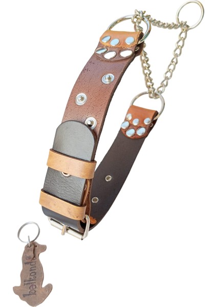 Köpek boyun tasması hakiki deri zincirli kahverengi taba kalınlık:4mm genişlik:3,5cm boyun ölçüsü:30-55cm dog collar T5-5
