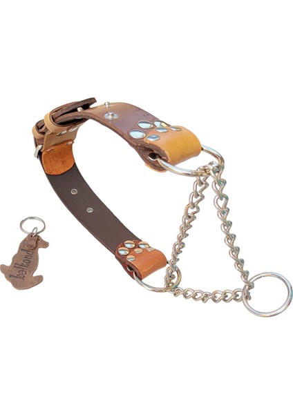 Köpek boyun tasması hakiki deri zincirli kahverengi taba kalınlık:4mm genişlik:3,5cm boyun ölçüsü:30-55cm dog collar T5-5