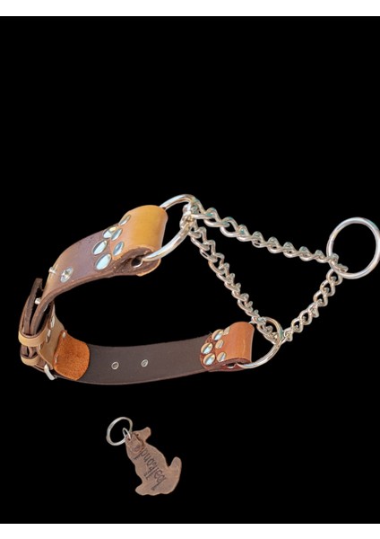 Köpek boyun tasması hakiki deri zincirli kahverengi taba kalınlık:4mm genişlik:3,5cm boyun ölçüsü:30-55cm dog collar T5-5