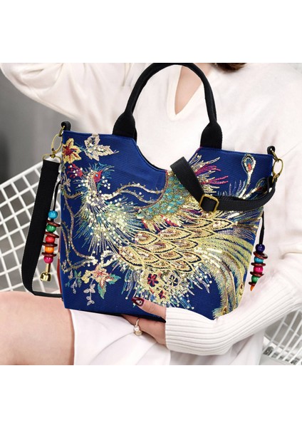 Parlak Pul Işlemeli Bayanlar Kanvas Tote Çanta Alışveriş Omuz Retro Boncuklu Dize Mavi (Yurt Dışından) modelleri