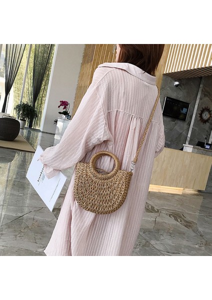 Saman Dokuma Çanta El Yapımı Rattan Vintage Retro Halat Örme Kadın Crossbody Çanta Yüzük ile Taze Yaz Plaj Bej (Yurt Dışından) modelleri
