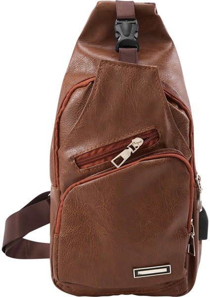 Mini USB Arayüzü Bol Alan Erkek Rahat Çanta Moda Açık Sling Seyahat Günü Paketi Pu Deri Göğüs Crossbody Tek Omuz Açık Kahverengi (Yurt Dışından)