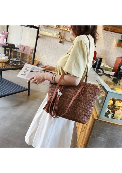 Kadınlar Basit Hasır Çanta Omuz Çantası Püsküller Tote Yaz Plaj Fermuar Alışveriş Crossbody Moda Seyahat Messenger Haki (Yurt Dışından)