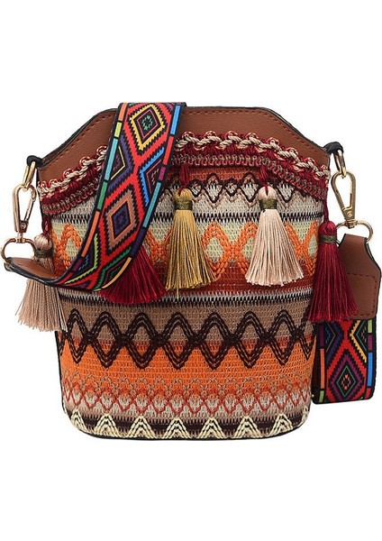 Moda Bohem Etnik Stil Kadın Saman Dokuma Omuz Messenger Çanta Retro Rahat Kova Kahverengi (Yurt Dışından)