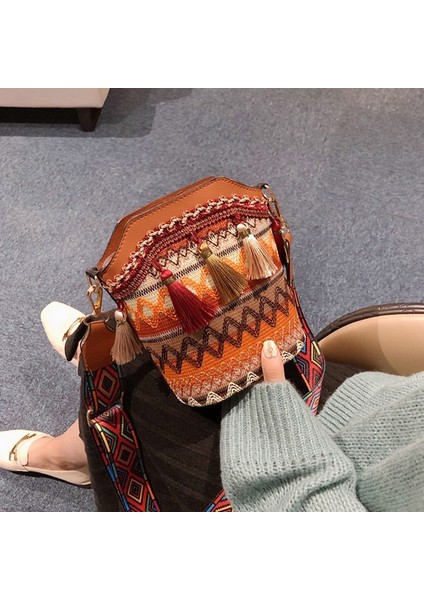 Moda Bohem Etnik Stil Kadın Saman Dokuma Omuz Messenger Çanta Retro Rahat Kova Kahverengi (Yurt Dışından) modelleri