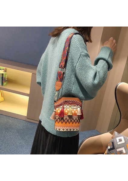 Moda Bohem Etnik Stil Kadın Saman Dokuma Omuz Messenger Çanta Retro Rahat Kova Kahverengi (Yurt Dışından) fırsatları