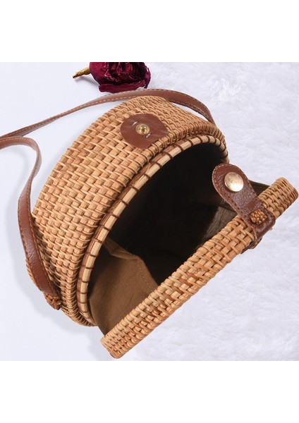 Vintage El Yapımı Crossbody Deri Çanta Yuvarlak Plaj Kızlar Daire Rattan Çanta Küçük Bohem Omuz (Yurt Dışından) fırsatları