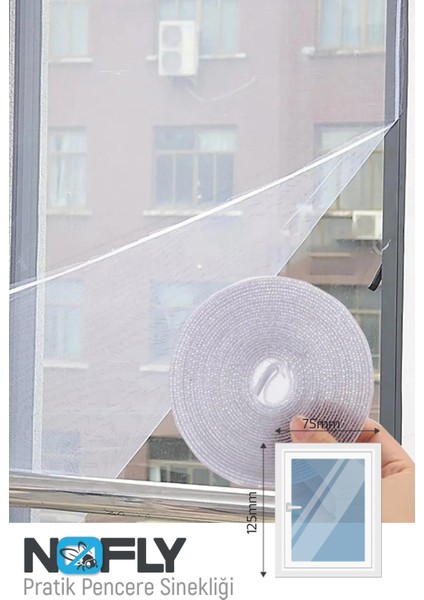 Nofly Pratik Pencere Sinekliği 75X125CM 4mt Bant Tak Çıkar Tül Kesilebilir Cırt Bantlı