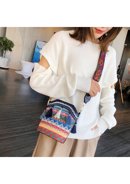 Moda Bohem Etnik Tarzı Kadın Saman Dokuma Omuz Askılı Çanta Retro Rahat Kova Lacivert (Yurt Dışından) fiyatları