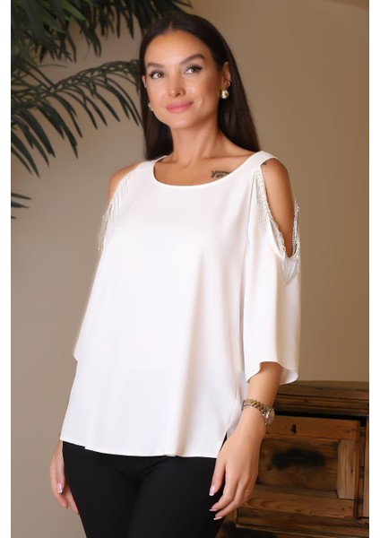 Kolları Taşlı Sıfır Yaka Ekru Kadın Bluz 81832-2Y4