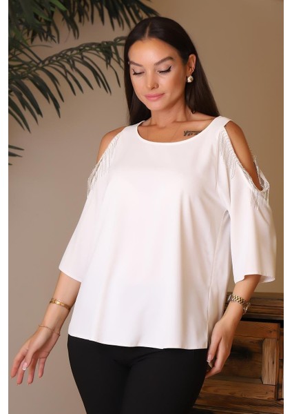 Kolları Taşlı Sıfır Yaka Ekru Kadın Bluz 81832-2Y4 fiyatları