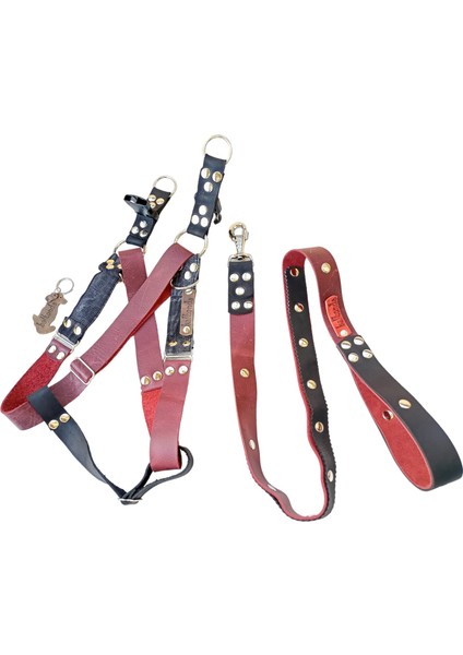 Köpek göğüs tasması gezdirme kayışlı set hakiki deri bordo siyah göğüs ölçüsü:55-90cm ayarlamalı gezdirme kayışı:100cm dog harness TB1-2