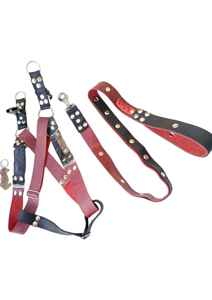 Köpek göğüs tasması gezdirme kayışlı set hakiki deri bordo siyah göğüs ölçüsü:55-90cm ayarlamalı gezdirme kayışı:100cm dog harness TB1-2
