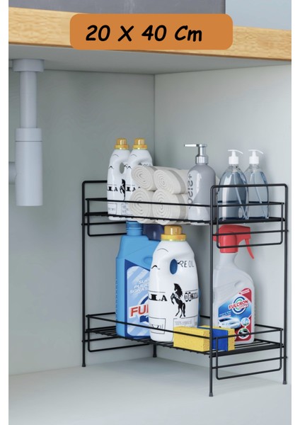 2 Katlı Evye Tezgah Altı Raf Banyo Mutfak Dolabı Çok Amaçlı Düzenleyici Deterjanlık Organizer 20X40