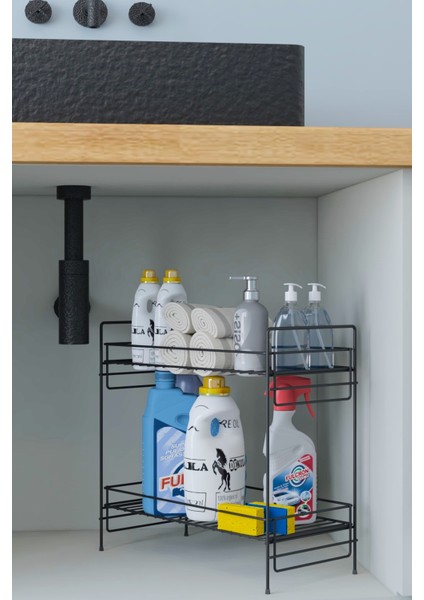 2 Katlı Evye Tezgah Altı Raf Banyo Mutfak Dolabı Çok Amaçlı Düzenleyici Deterjanlık Organizer 20X40