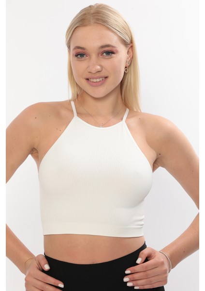 Yeni Sezon Ince Askılı Boyun Bağlamalı Fitilli Toparlayıcı Crop Büstiyer Beyaz modelleri