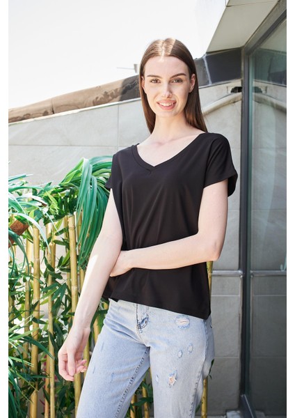 Likralı Şık Span Kumaş Ön Arka V Yaka Düşük Omuzlu Bluz-Siyah