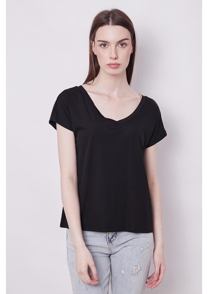 Likralı Şık Span Kumaş Ön Arka V Yaka Düşük Omuzlu Bluz-Siyah fiyatları